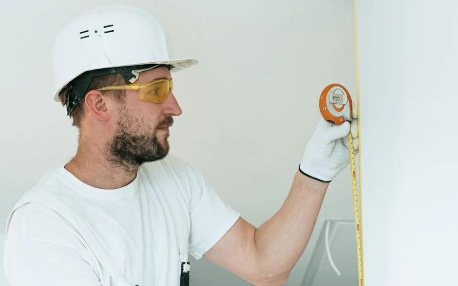 Mesure d’un mur au mètre ruban dans une pièce en travaux