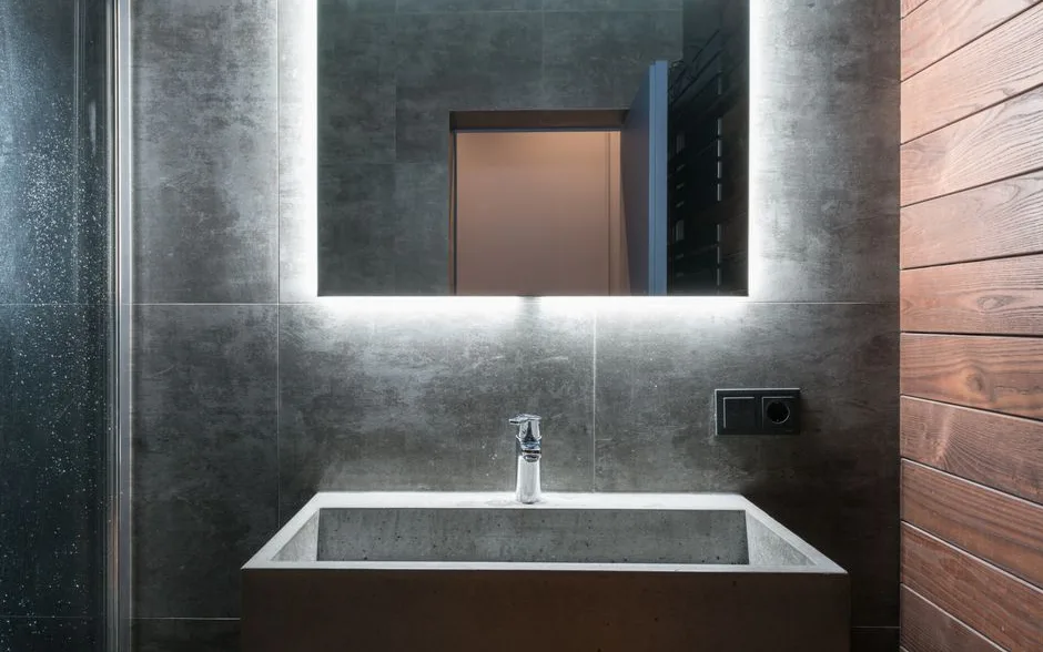 Mur de salle de bain traité au béton ciré avec une faïence conservée sur les autres murs